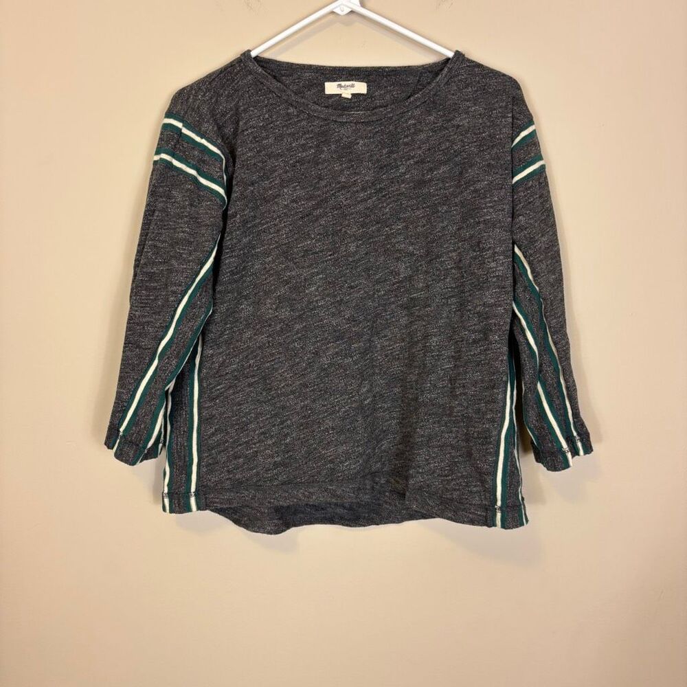 Madewell Grey with Green & White Striped Detail 3/4‎ Length Sleeve Top Small